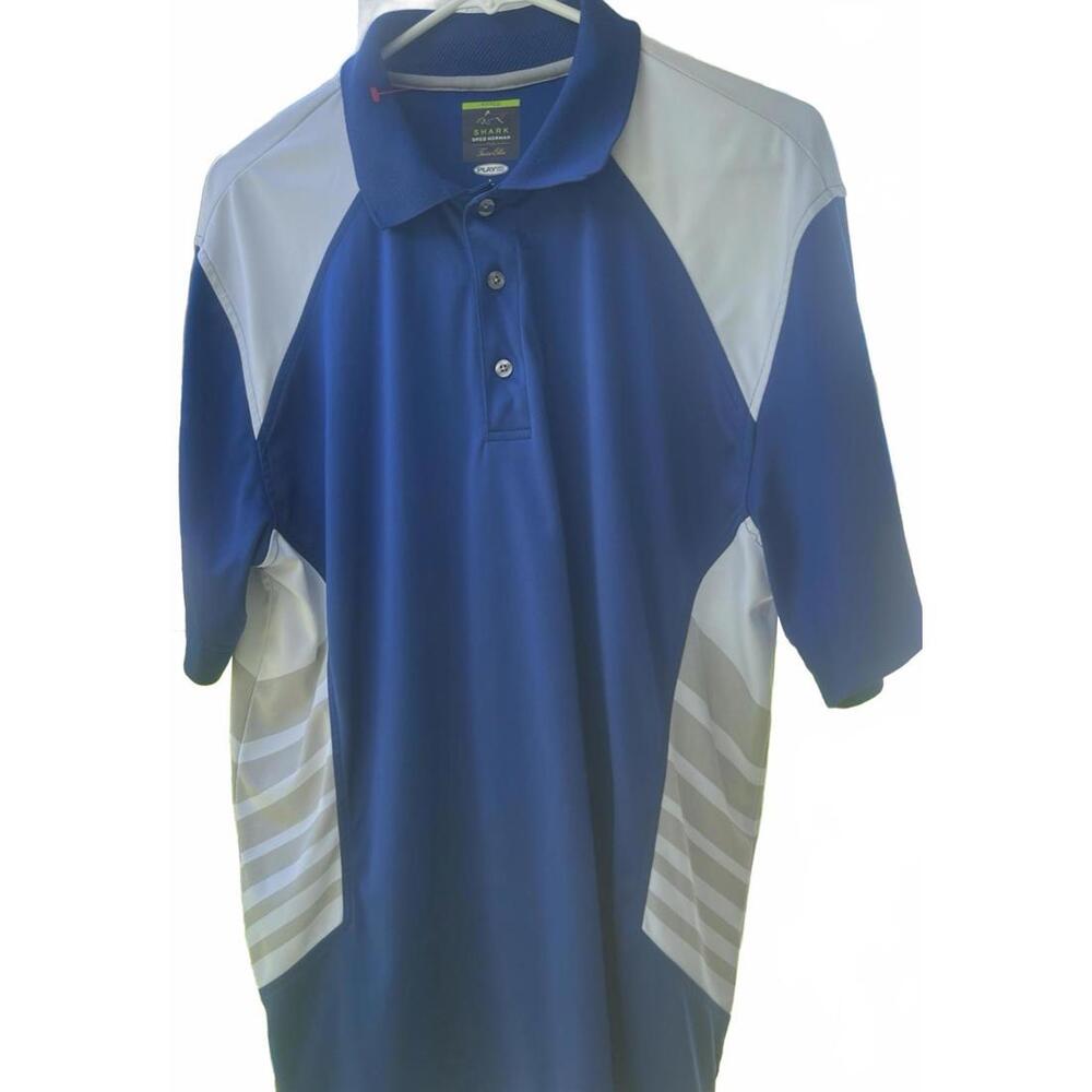 Gray Norman‎  short sleeve Polo Shirt Sz L Shark  Blue white gray collared poly